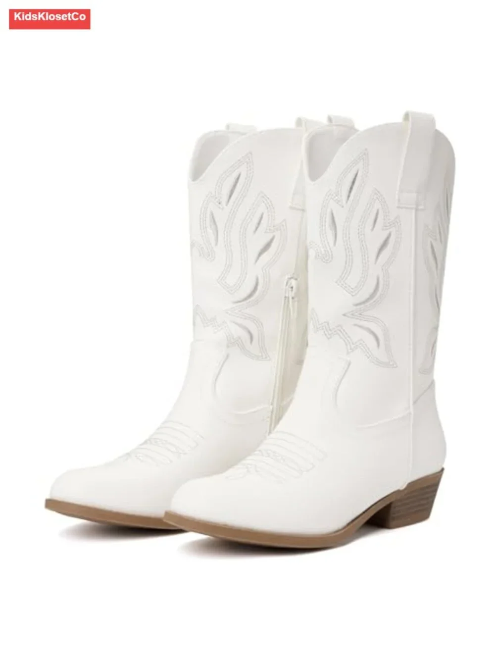 Girls Pointed Toe Mid Calf Riding Boots with Western Embroidery Side Zipper